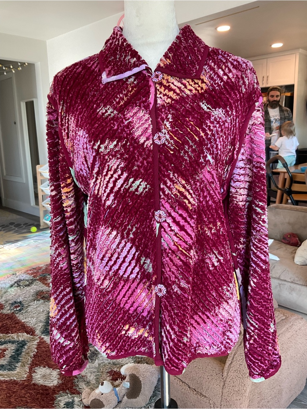 🍷Casual Studio Rayon Crushed Velvet Plisse‎ Button Up Jacket S Burgundy
